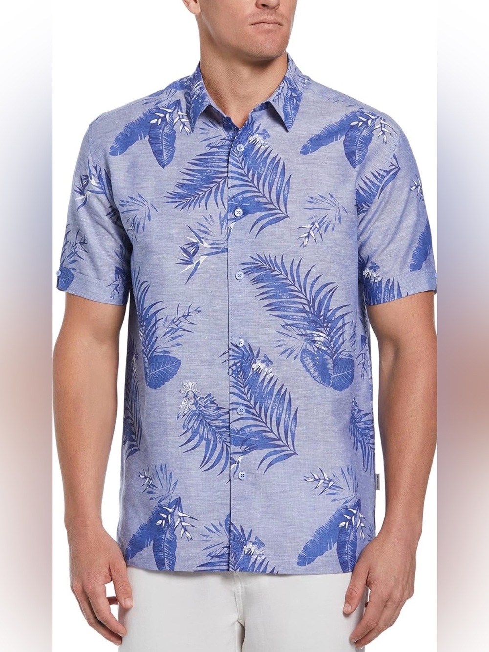 CUBAVERA Linen Blend Tropical Print S-Sleeve Button-Up Shirt Blue Men's L